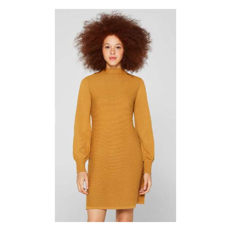 Robe-pull 100% Coton Jaune Moutarde - Manches Ballon & Côte Devant