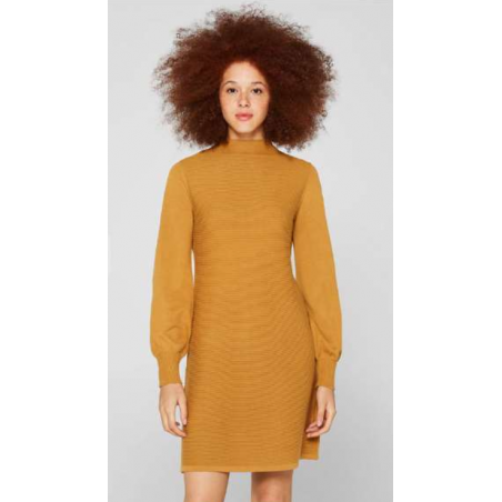 Robe-pull 100% Coton Jaune Moutarde - Manches Ballon & Côte Devant