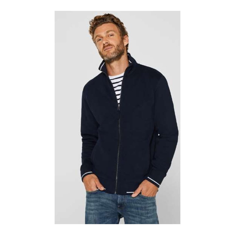 Cardigan Zippé Bleu Marine 100% Coton Bio - Finitions Rayées