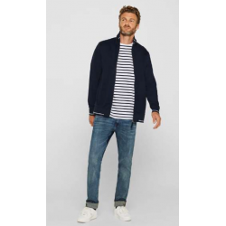 Cardigan Zippé Bleu Marine 100% Coton Bio - Finitions Rayées