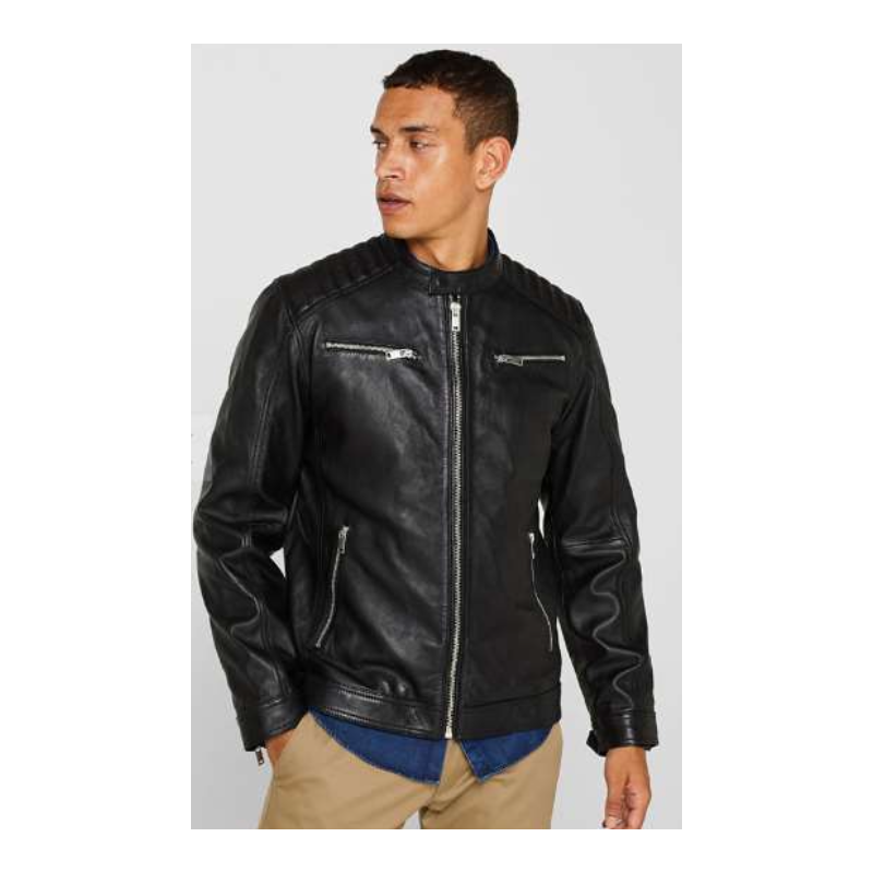 Veste Motard Homme en Cuir Nappa d'Agneau Noir - Coupe Ajustée