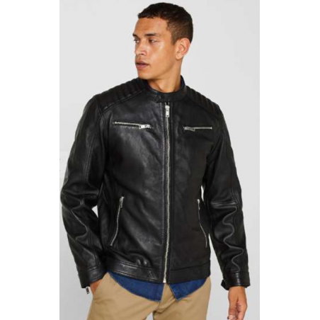 Veste Motard Homme en Cuir Nappa d'Agneau Noir - Coupe Ajustée
