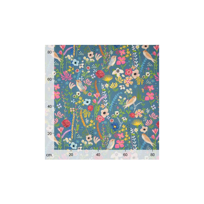 Tissu Extérieur Dralon Oiseaux & Fleurs Bleu Acier | Qualité UV